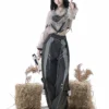 Infinite War Zone Cyberpunk Techwear Lolita 3-Piece Set – Crop Tank Top, Sheer Mesh Outer Jacket & Tactical Cargo Pants