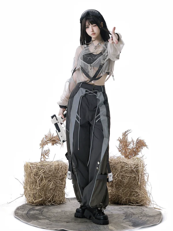 Infinite War Zone Cyberpunk Techwear Lolita 3-Piece Set – Crop Tank Top, Sheer Mesh Outer Jacket & Tactical Cargo Pants