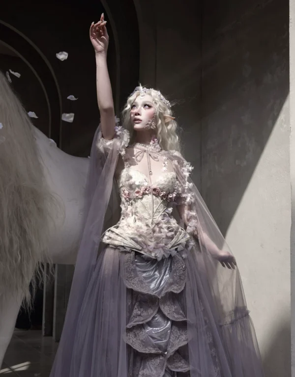 Blood Supply Moonlight Beast Spirit Floral Lace Elven Maxi Skirt - Detachable Cage Support Lavender Tulle Evening Train Skirt