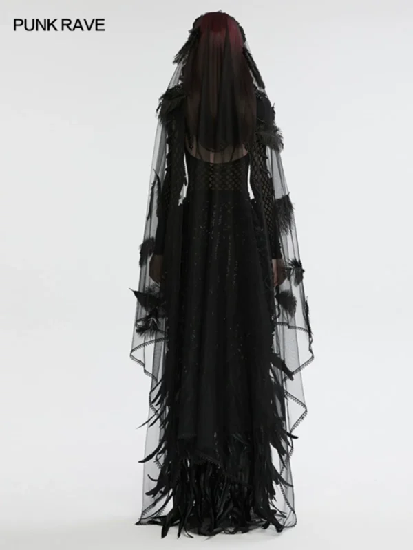 PUNK RAVE Gothic Feather & Floral Mesh Veil (WS-731FSF) – Black Sheer Cathedral Veil Accessory for Halloween & Cosplay