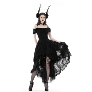 Gothic Elegant Lady Lace Dovetail High-Low Dress – Vintage Off-Shoulder Corset Lace-Up Evening Dress for Women (DW798)