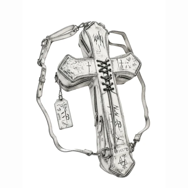 Gothic Cross Convertible Backpack & Crossbody Bag – Distressed Punk Leather Cross Shoulder Bag with Graffiti Prints & Lace-Up Detailing