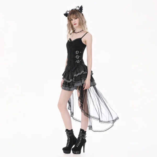 DARK IN LOVE TW686 Gothic Metal Buckle Strap Cinch Camisole – Sheer Lace Patchwork Bustier Top
