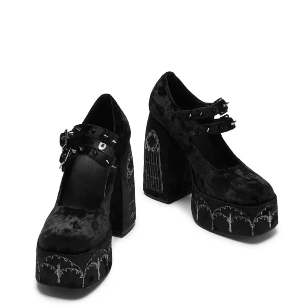 Koi Footwear Black Studded Double Strap Mary Jane Platform Heels – Gothic Chunky Vegan Leather Shoes