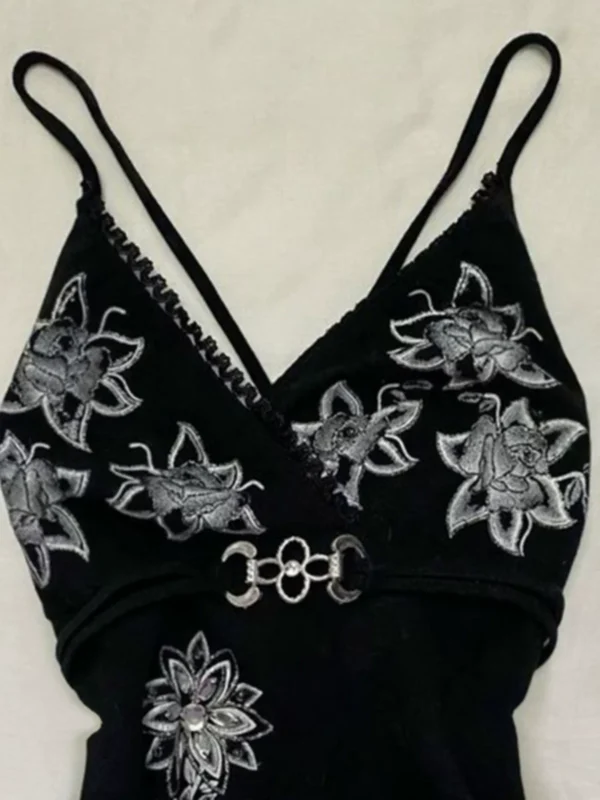 Y2K Vintage Floral Graphic Cami Top – Gothic V-Neck Spaghetti Strap Slim Fit Corset-Style Tank Top