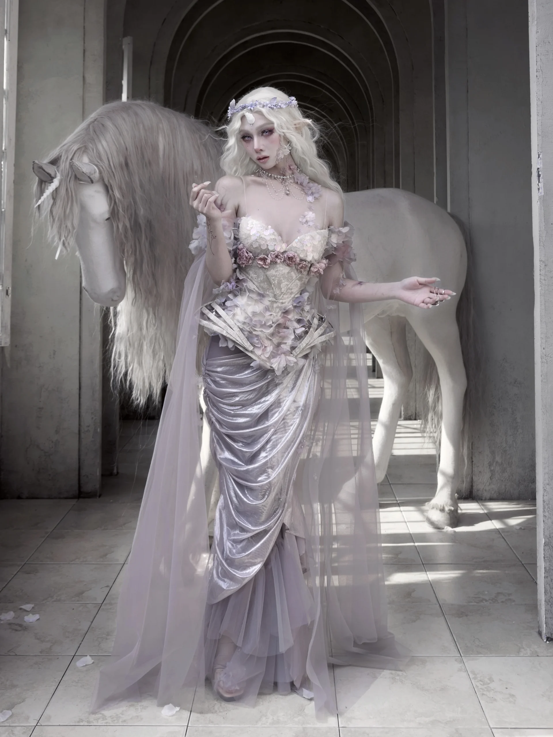 Moonlight Spirit Silver-Foil Ruched Mermaid Skirt – Ethereal Fairycore Layered Mesh Maxi Skirt