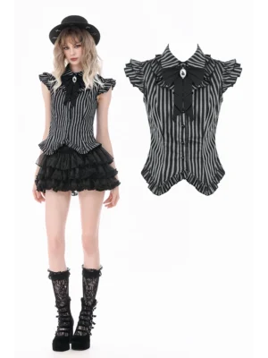 Dark in Love Gothic Striped Sleeveless Blouse – Vintage Ruffled Lapel Bowknot Corset Top for Women (IW152)