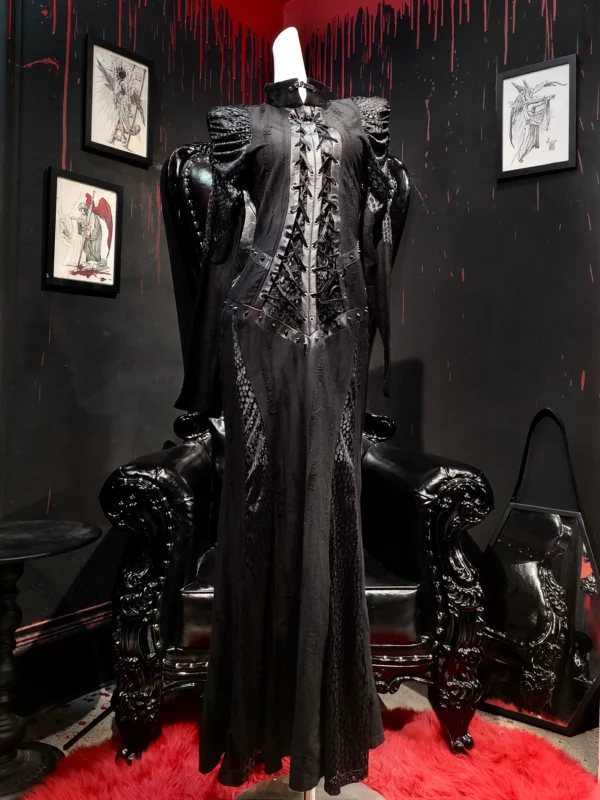 PUNK RAVE Women's Dark Gothic Lace-Up Maxi Dress – Vintage Punk Corset Floor-Length Gown WQ-653