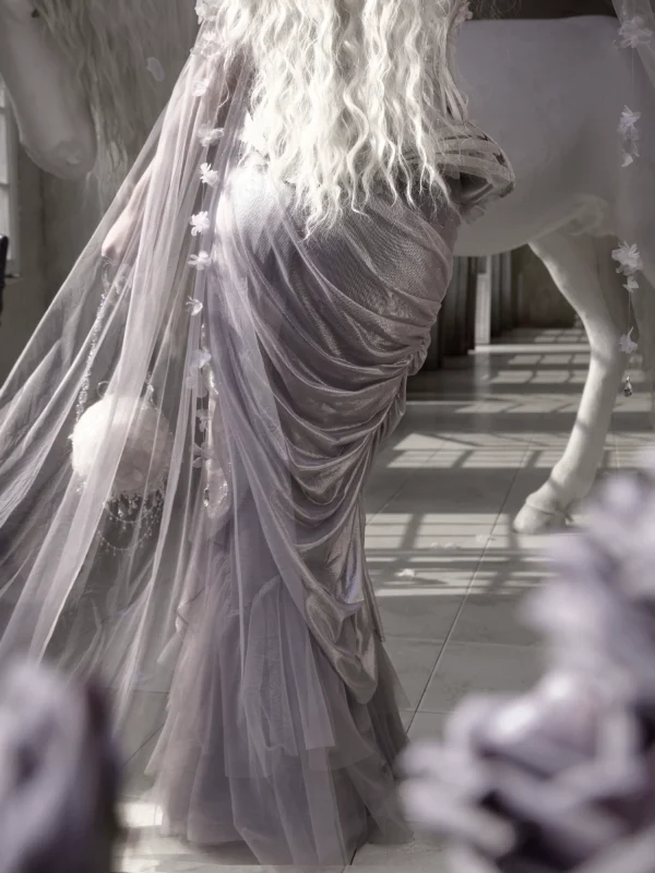 Moonlight Spirit Silver-Foil Ruched Mermaid Skirt – Ethereal Fairycore Layered Mesh Maxi Skirt