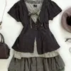 Vintage Mori Girl 3-Piece Outfit Set – Short Sleeve Knit Cardigan, Lace Trim Tank Top & Tiered Mini Skirt