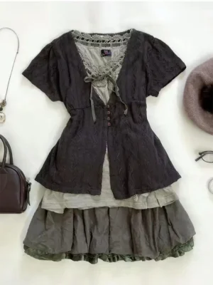 Vintage Mori Girl 3-Piece Outfit Set – Short Sleeve Knit Cardigan, Lace Trim Tank Top & Tiered Mini Skirt