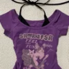 Vintage Purple Guitar Cat Graphic 2-in-1 Top – Y2K Alternative Layered Halter Neck Short-Sleeve T-Shirt