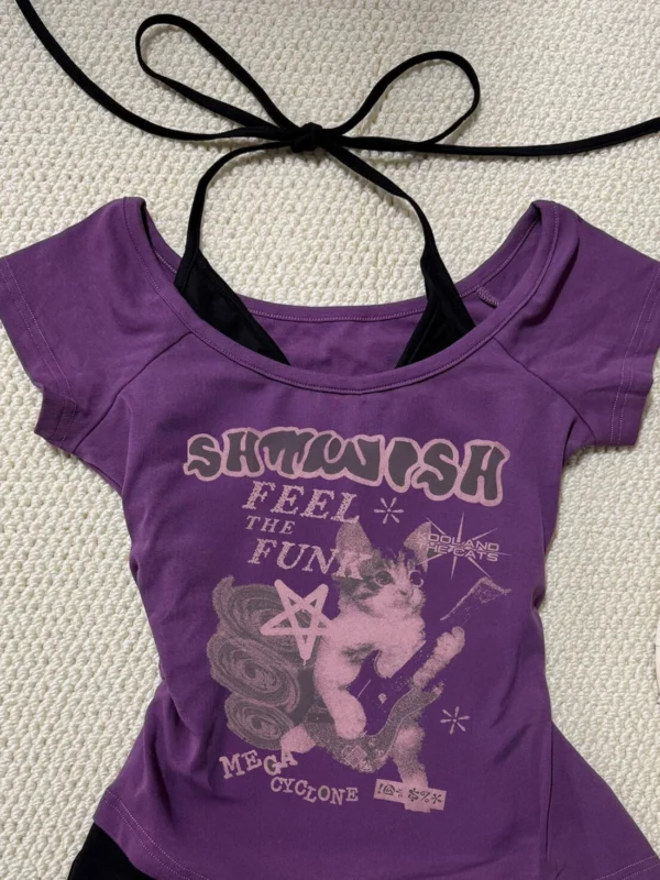Vintage Purple Guitar Cat Graphic 2-in-1 Top – Y2K Alternative Layered Halter Neck Short-Sleeve T-Shirt