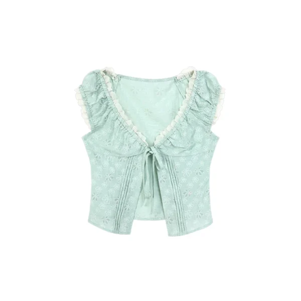 Vintage Mori Kei Mint Green 3-Piece Outfit Set – Short Sleeve Cardigan, Inner Blouse & Polka Dot Midi Skirt