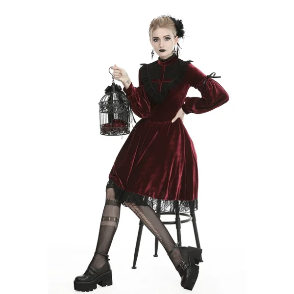 Red Gothic Blood Cross Velvet Dress – Vintage High-Neck Lantern Sleeve Lace Trim Vampire Long Dress for Women (DW448)