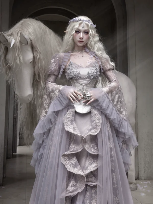 Moonlight Spirit Floral Lace Hime Bell Sleeve Shrug Top – Ethereal Fairycore Sheer Bolero Outerwear
