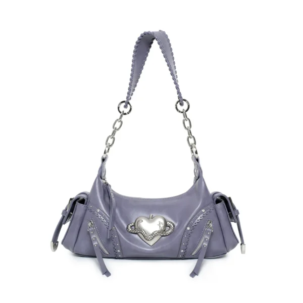 VFVF Vintage Biker Leather Shoulder Bag – Y2K Metallic Heart Studded Baguette Hobo Bag