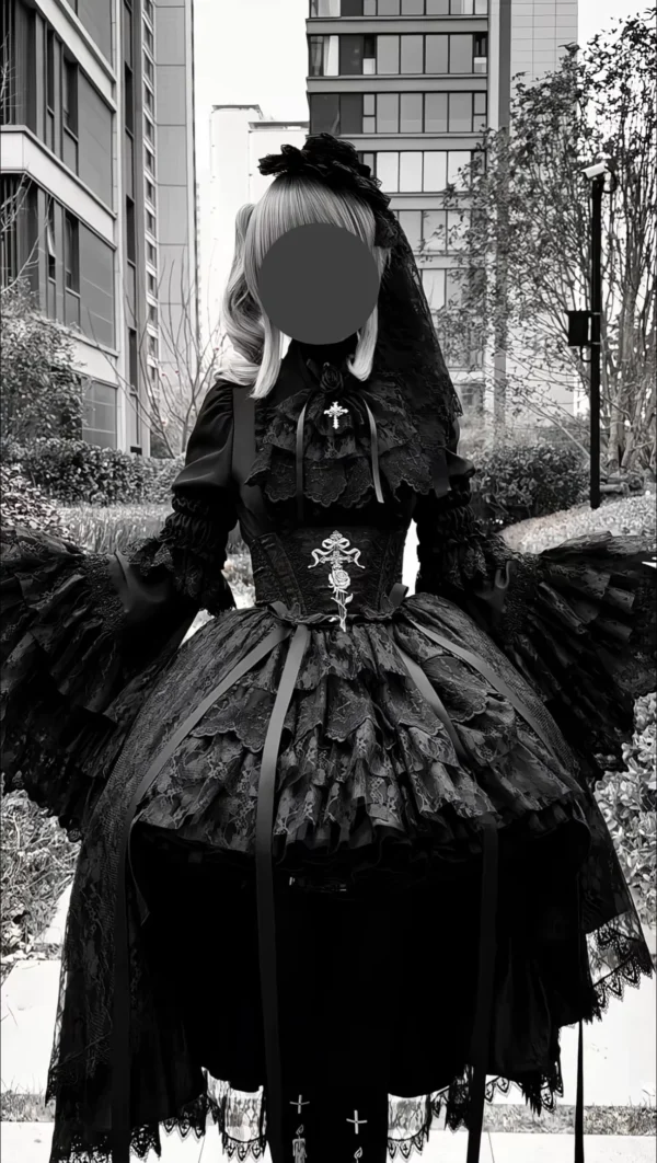 Cross & Thorns Gothic High-Low Lace Lolita Set – Chiffon Blouse, Corset Skirt & Detachable Princess Sleeves