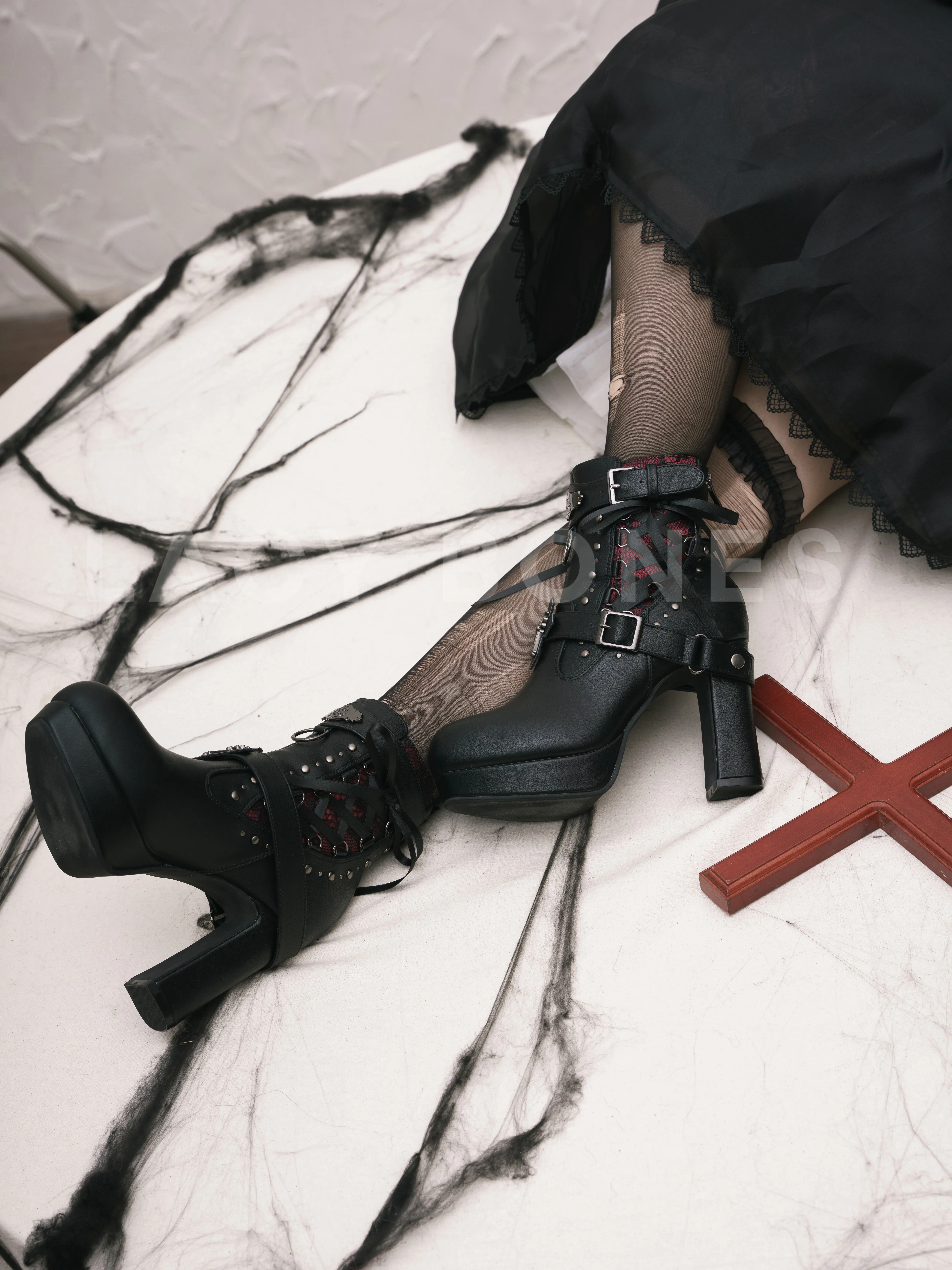 Lacy Bones Gothic Cross Ankle Boots – Dark Subculture Crimson Mesh Platform High Heel Ankle Boots