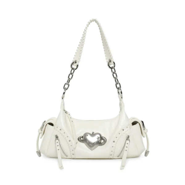 VFVF Vintage Biker Leather Shoulder Bag – Y2K Metallic Heart Studded Baguette Hobo Bag