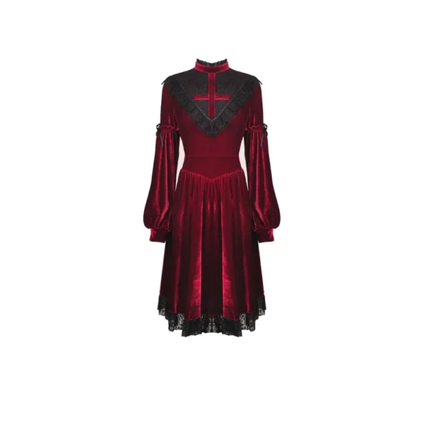 Red Gothic Blood Cross Velvet Dress – Vintage High-Neck Lantern Sleeve Lace Trim Vampire Long Dress for Women (DW448)