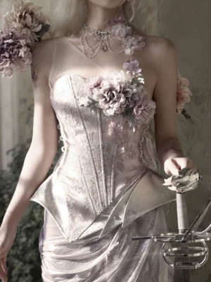 Moonlight Spirit Silver Floral Asymmetric Armor Corset – Ethereal Fairycore Boned Bustier Top