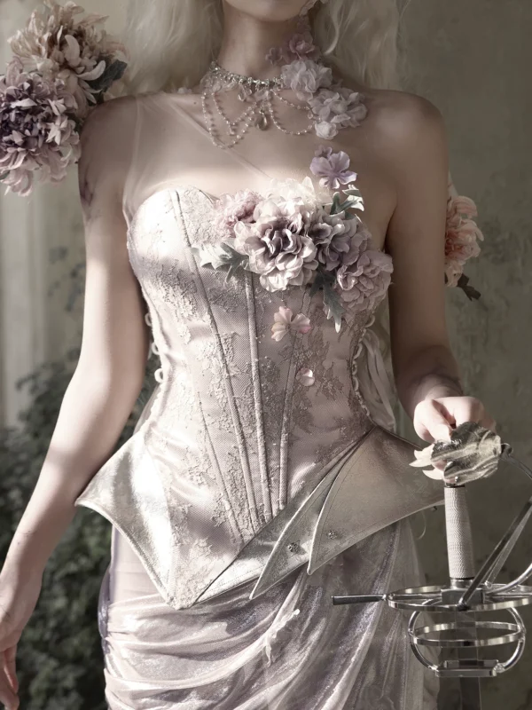 Moonlight Spirit Silver Floral Asymmetric Armor Corset – Ethereal Fairycore Boned Bustier Top