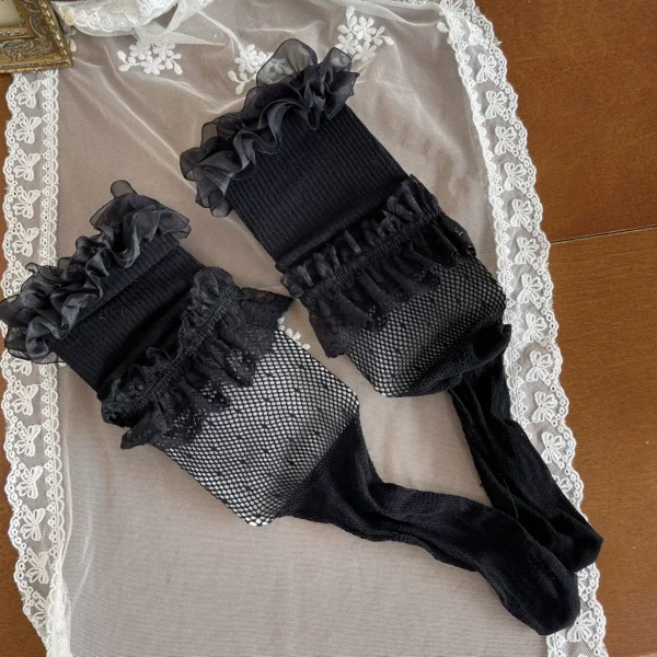 Gothic Layered Fishnet Thigh-High Stockings – Dark Lolita Ruffled Lace Fishnet Tights with Bow Garter Accent