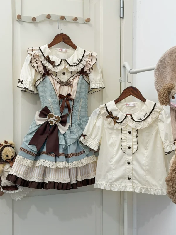 Sweet Mint Choco Peter Pan Collar Cotton Lolita Blouse – Short Sleeve Breathable Spring/Summer Layering Top