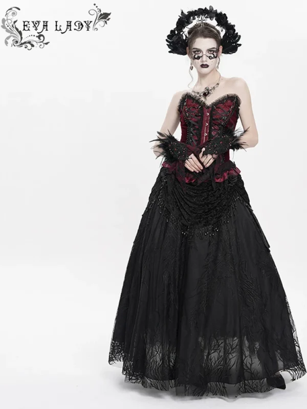 EVA LADY Gothic Dark Victorian Beaded Lace Maxi Skirt – Elegant Heavy Craft Vintage Black Purple Long Skirt ESKT067