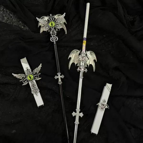 Handmade Gothic Fallen Angel Cigarette Holder Set – Vintage Bat Wing & Cross Prop Accessories for Cosplay & Photoshoots