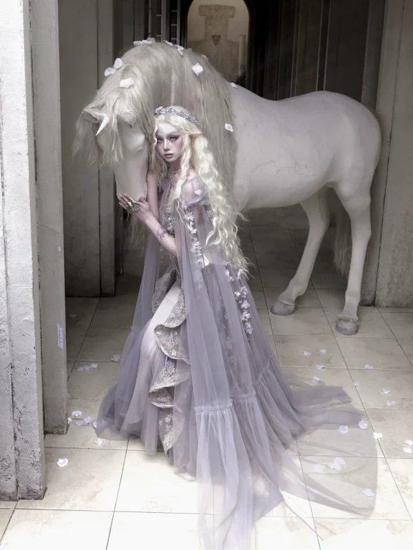 Moonlight Spirit Handmade Floral Hooded Mesh Cape – Ethereal Fairycore Tulle Sheer Cloak