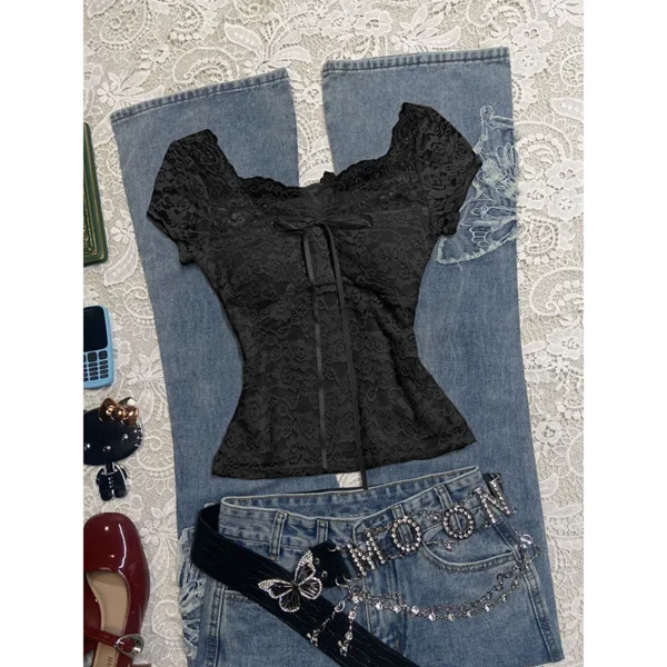 Vintage Floral Lace Bow Short-Sleeve Top – Sweet Coquette Square-Neck Slim Fit Blouse