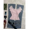 Vintage Floral Lace Bow Short-Sleeve Top – Sweet Coquette Square-Neck Slim Fit Blouse