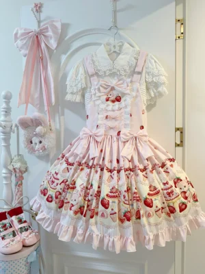 Sweet Strawberry Berry Bear Lolita JSK Dress – Original Japanese Kawaii Suspender Overall Dress