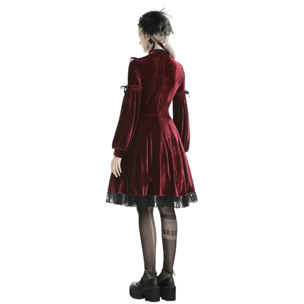 Red Gothic Blood Cross Velvet Dress – Vintage High-Neck Lantern Sleeve Lace Trim Vampire Long Dress for Women (DW448)