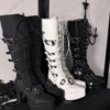 Gothic Square Pointed Toe Chunky High Heel Platform Knight Boots – Dark Punk Buckle Straps Knee-High Boots