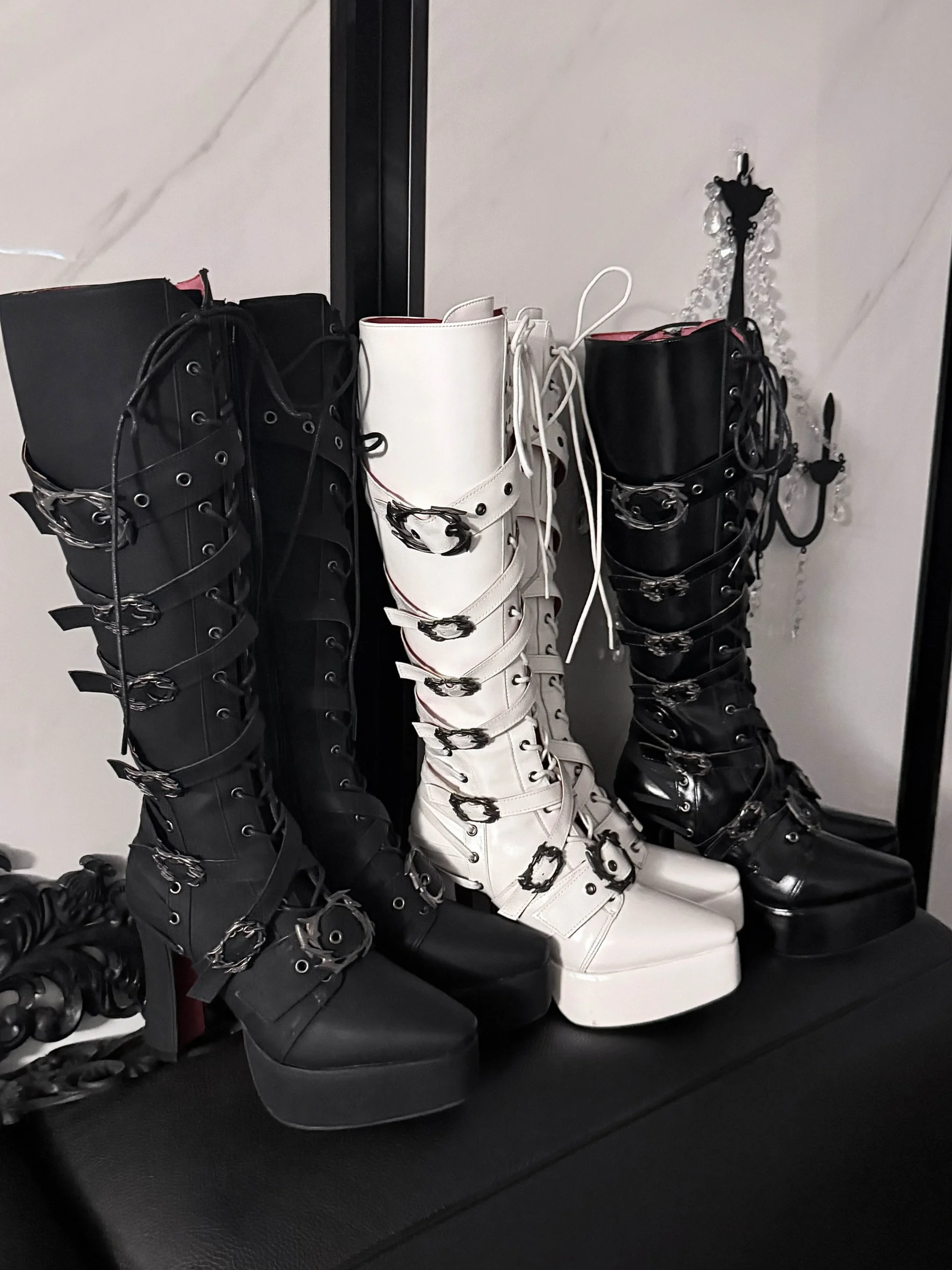 Gothic Square Pointed Toe Chunky High Heel Platform Knight Boots – Dark Punk Buckle Straps Knee-High Boots