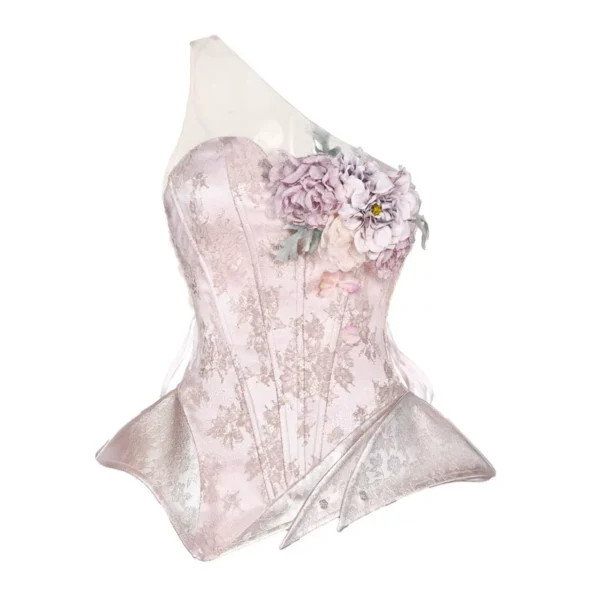 Moonlight Spirit Silver Floral Asymmetric Armor Corset – Ethereal Fairycore Boned Bustier Top