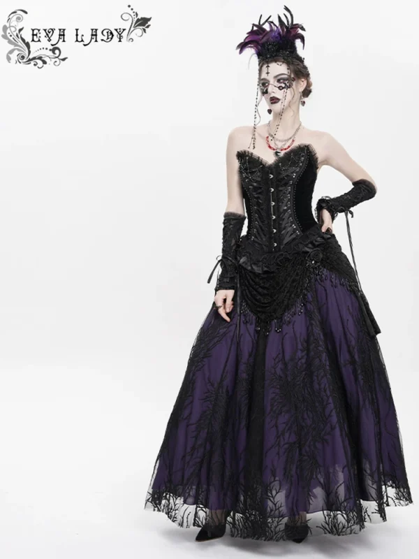 EVA LADY Gothic Dark Victorian Beaded Lace Maxi Skirt – Elegant Heavy Craft Vintage Black Purple Long Skirt ESKT067