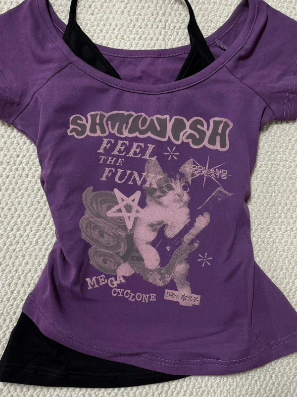 Vintage Purple Guitar Cat Graphic 2-in-1 Top – Y2K Alternative Layered Halter Neck Short-Sleeve T-Shirt
