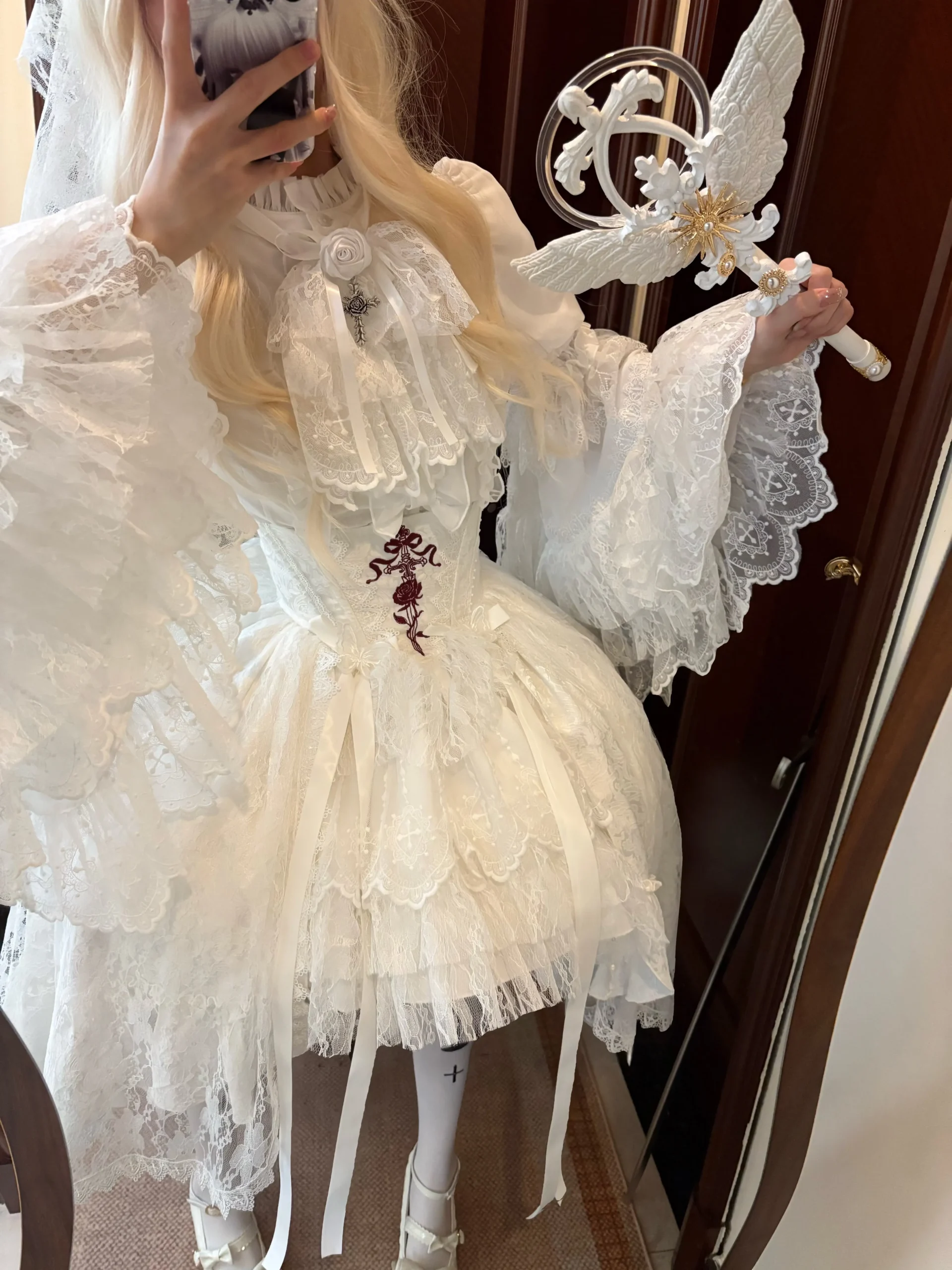 Cross & Thorns Gothic High-Low Lace Lolita Set – Chiffon Blouse, Corset Skirt & Detachable Princess Sleeves