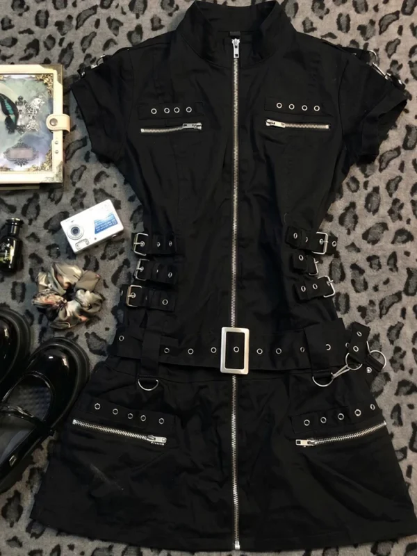 Gothic Zip-Up Black Mini Dress – Dark Academic Buckle Strap Short-Sleeve Corset Dress
