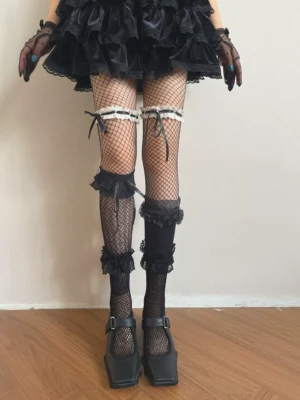 Gothic Layered Fishnet Thigh-High Stockings – Dark Lolita Ruffled Lace Fishnet Tights with Bow Garter Accent