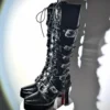 Gothic Square Pointed Toe Chunky High Heel Platform Knight Boots – Dark Punk Buckle Straps Knee-High Boots