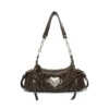 VFVF Vintage Biker Leather Shoulder Bag – Y2K Metallic Heart Studded Baguette Hobo Bag