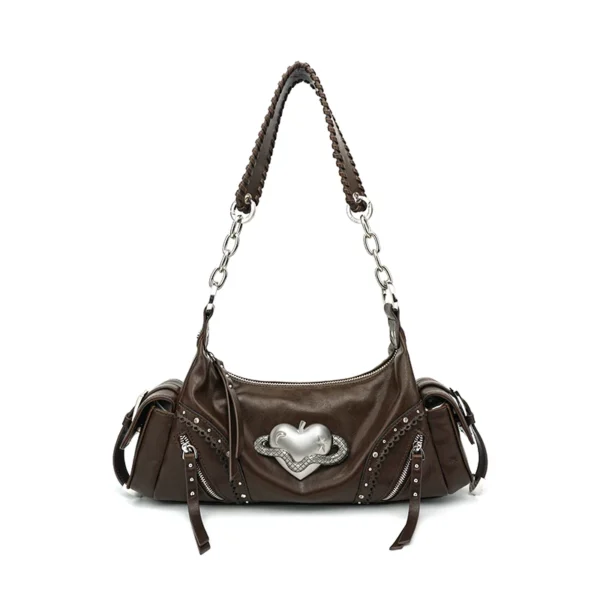 VFVF Vintage Biker Leather Shoulder Bag – Y2K Metallic Heart Studded Baguette Hobo Bag