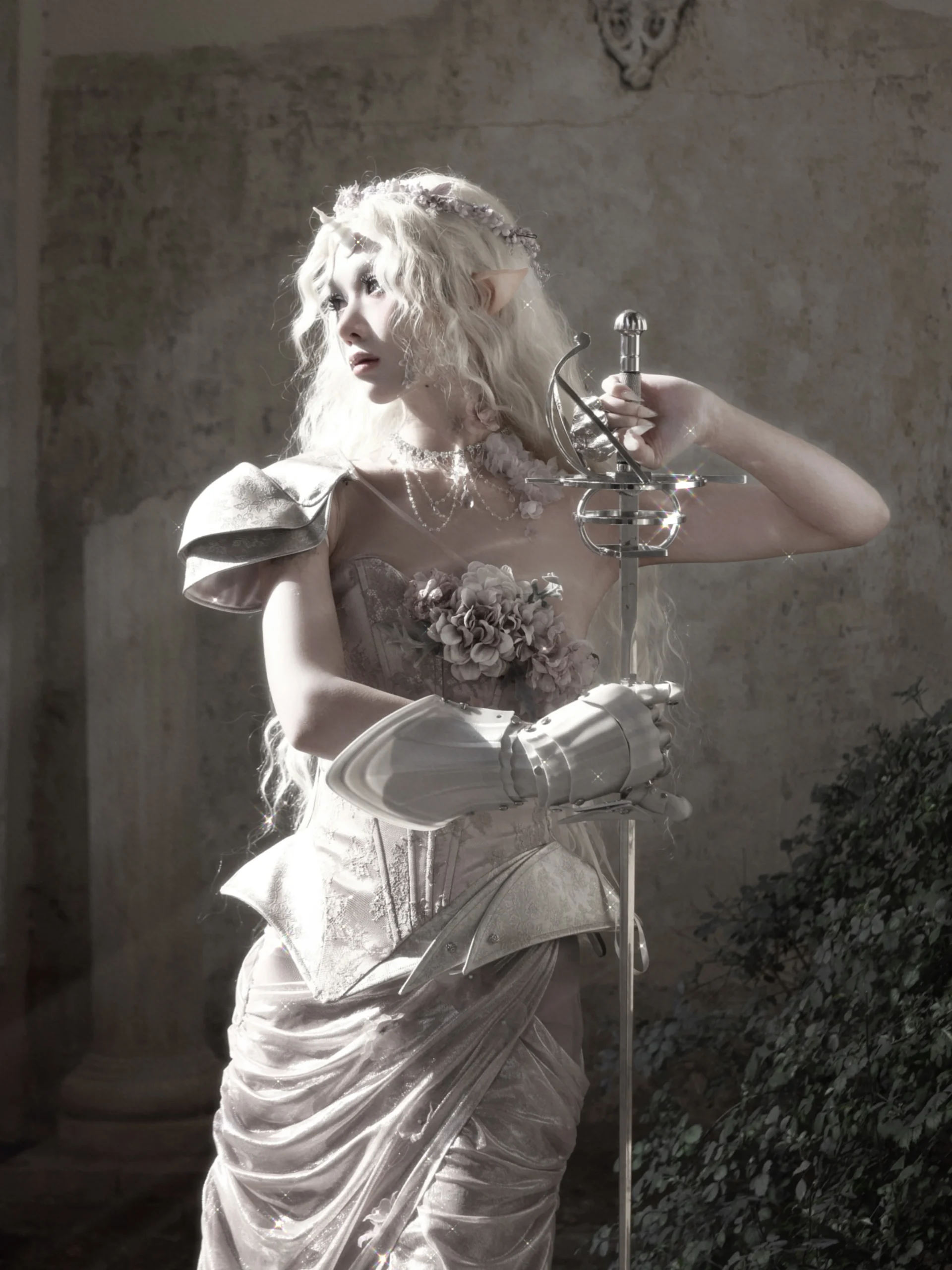 Moonlight Spirit Silver Floral Asymmetric Armor Corset – Ethereal Fairycore Boned Bustier Top