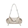 VFVF Vintage Biker Leather Shoulder Bag – Y2K Metallic Heart Studded Baguette Hobo Bag