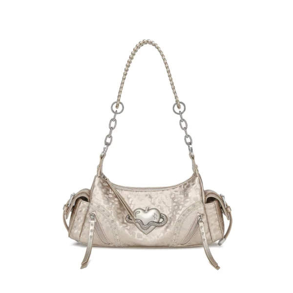 VFVF Vintage Biker Leather Shoulder Bag – Y2K Metallic Heart Studded Baguette Hobo Bag